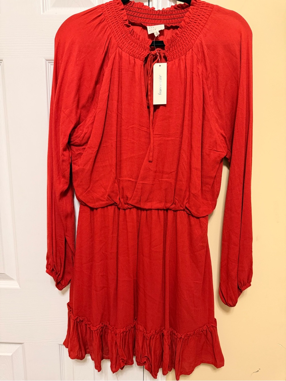 Red Long Sleeve Ruffle Hem Dress